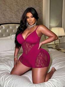 NU&NOW Plus Size Women's Fashionable Sexy Lace Patchwork Jumpsuit Cocktail Mint Green Summer - Hot Pink - View 7
