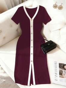 Franclia Plus Size Women's French Style Casual Elegant Ribbed V-Neck Short Sleeve Dress - Red Violet - View 1