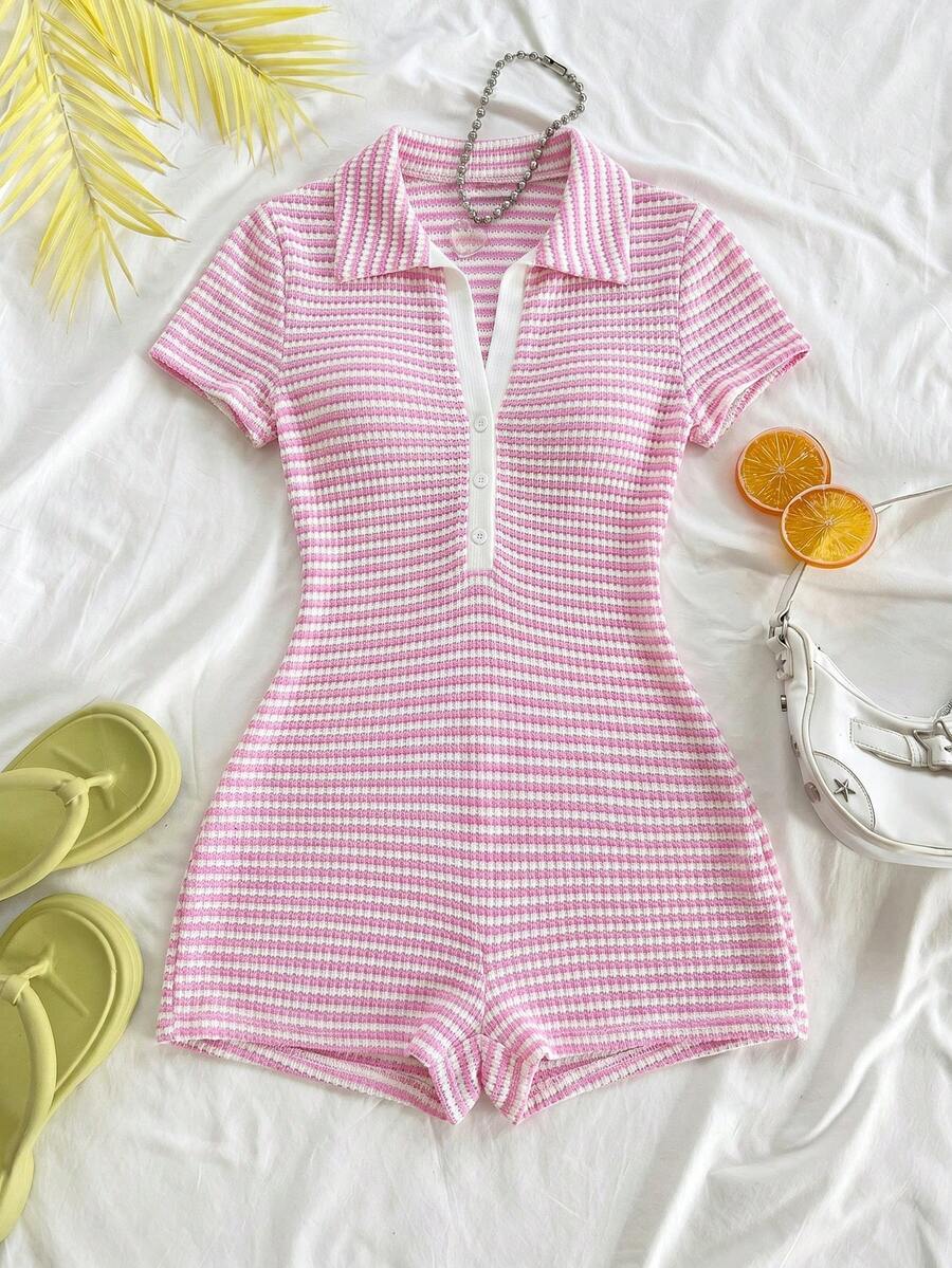 Soleia Striped Casual Jumpsuit For Women, Suitable For Valentine's Day, Vacation, Date, Beach - Pink - View 1