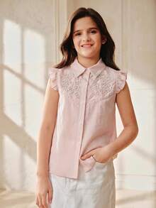 Anewsta Tween Girl Sweet Style Faux Pearl Beaded Ruffle Trim Blouse - Baby Pink - View 3