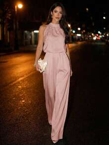 Firerie Women's Elegant Dusty Pink Summer Sleeveless Mandarin Collar Pearl Embellished Slim Fit Wide Leg Jumpsuit,Party Office Wear Wedding Guest Outfit - Baby Pink - View 3