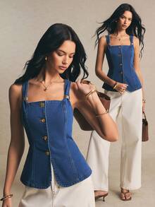 Poéselle Áo sơ mi denim nữ không tay cài cúc phía trước, kiểu dáng thường ngày, thích hợp cho mùa hè. - Màu xanh lam - Xem 14