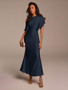 COSMINA Women's Apricot Ruched Fishtail Hem Sleeveless Casual Dress, Suitable For Vacation, Commute, Party, Wedding - Navy Blue - View 3
