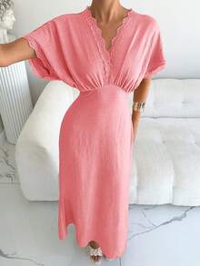 Siren Gaze Women's Lace Patchwork Textured Batwing Sleeve Vacation Dress Vacation Soft Pink Summer Elegant - Pink - View 8