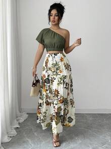 Selianne Boho Women's Asymmetrical Neck Crop Blouse With Raglan Short Sleeve And Ruffle Hem Skirt Two Piece Set,Army Green,Summer,Holiday,Vacation,Holiday - Multicolor - View 8