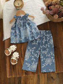 SHEIN Vintaside Kids Bộ áo không tay và quần ống rộng in hoa màu xanh dương cho bé gái, thích hợp cho các hoạt động hàng ngày, dã ngoại gia đình, kỳ nghỉ và các buổi tụ họp. - Màu xanh lam - Xem 2