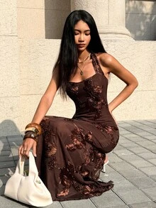 Sunnyshic 女士酒红色露背长款美人鱼连衣裙，奢华刺绣优雅礼服，适合婚礼、派对、度假、夜店、约会、秋季、情人节、圣诞节等场合。 - 咖啡棕 - 查看 7