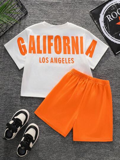 SHEIN 2pcs/Set Young Boys Casual Street Cute Vacation Print Pattern Oversized Round Neck Short Sleeve White & Blue Striped Drop Shoulder T-Shirt And Blue Shorts Set, Suitable For Spring/Summer
