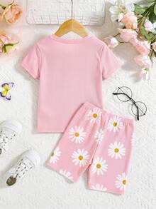 SHEIN Young Girl Knitted Floral Pattern Round Neck T-Shirt And Shorts 2-Piece Loungewear Set - Multicolor - View 2