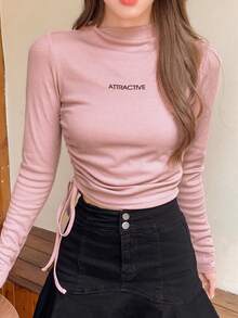 DAZY Letter Graphic Drawstring Side Mock Neck Tee,Fall Clothes Long Sleeve Women Tops - Pink - View 5