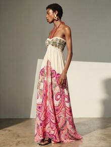 Frievida Chiffon Tie-Dye Print Halter Neck Tie-Up Sleeveless Vacation Dress - Multicolor - View 5