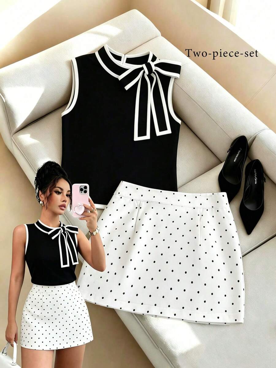 SHEIN Franclia Bộ đồ nữ thanh lịch, thoáng khí, không tay và chân váy chấm bi, thích hợp cho mùa hè. - Đen và trắng - Xem 1