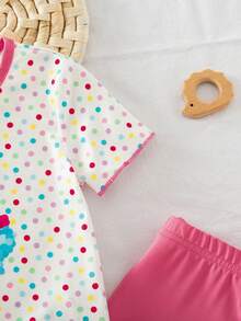 Emery Rose Kids Bộ 2 món gồm áo thun ngắn tay và quần ống loe in họa tiết chấm bi nhiều màu sắc dành cho bé gái. - Hồng - Xem 4