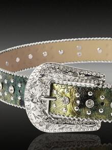 MortiRose Rhinestone Studded Western Style Cross Design Jeans Belt For Men & Women, Fashion Cowboy Diamond Belt Summer, School Fall, Autumn, Halloween - Green - View 6