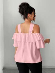 Elenzga Elegant Off-Shoulder Metal Decor Ruffle Trim Off-Shoulder Plus Size Blouse - Pink - View 2
