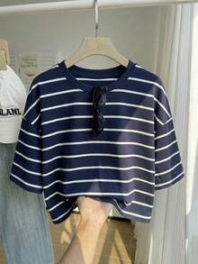 Comfortcana Plus Size Casual Striped Short Sleeve T-Shirt, Loose Fit, Spring/Summer - Black and White - View 3