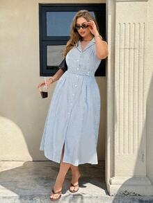 Easura Vestido elegante de mujer talla grande sin mangas con botones, cintura ceñida, cinturón desmontable y estampado de rayas - Blanco y Negro - Ver 1