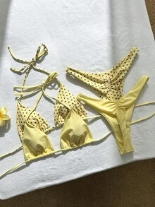 Swim Mod 4件組新款圓點與純黑色綁帶側高衩比基尼泳衣套裝，女款海灘度假風 - 黃色 - 查看 1