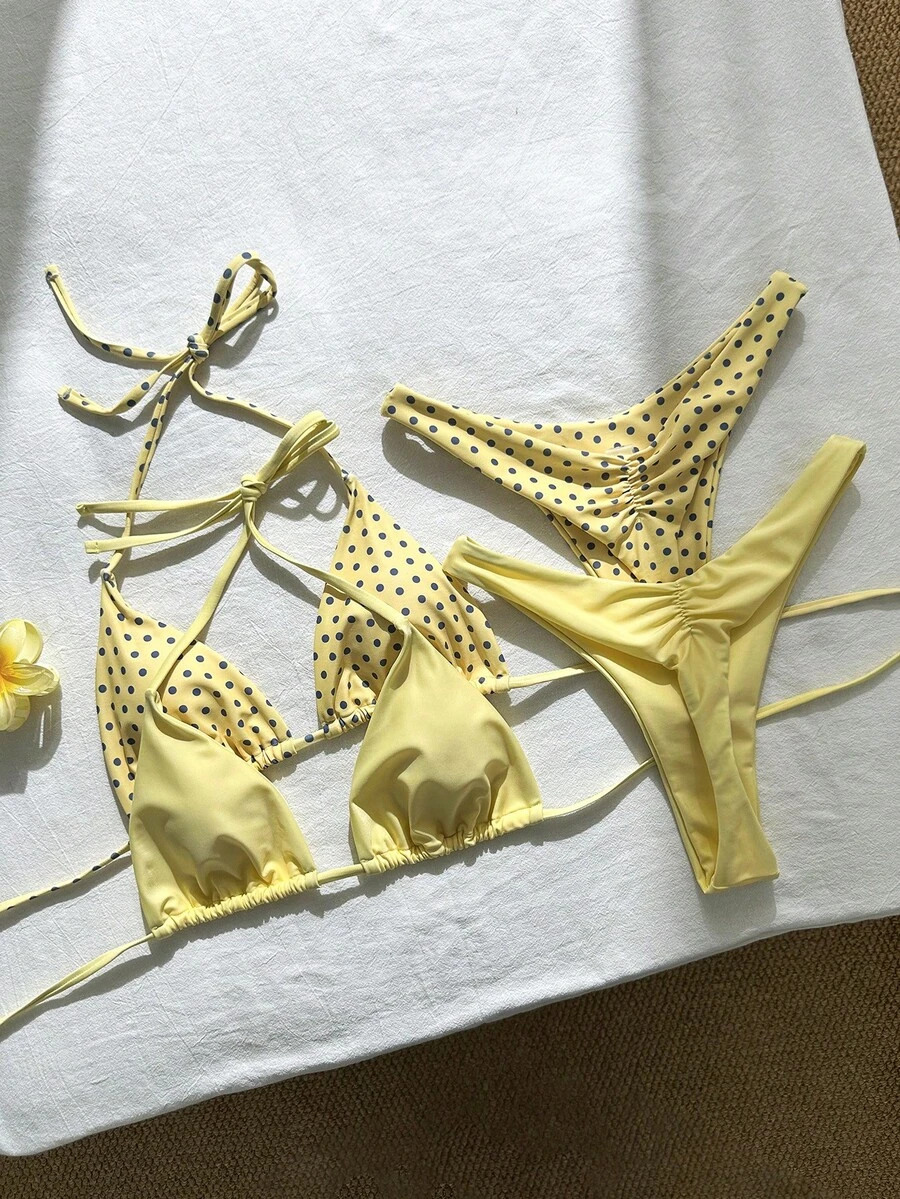 Swim Mod 4件組新款圓點與純黑色綁帶側高衩比基尼泳衣套裝，女款海灘度假風 - 黃色 - 查看 1