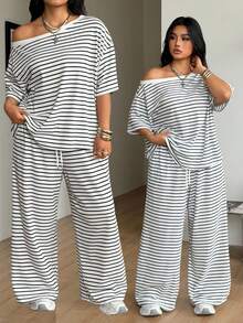 Coolane Women's Plus Size Summer Streetwear Basic Daily Wear Going Out Comfy White Stripes Off Shoulder T-Shirt And Wide Leg Sweatpants Two Pieces Outfits - Black and White - View 1