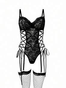 Seduluxe Bộ 3 món áo liền quần ren phối ren chéo gợi cảm dành cho nữ - màu đen - Xem 6