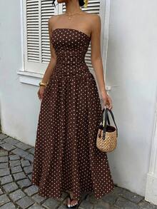 GalTyme Đầm quây màu nâu sô cô la chấm bi kiểu dáng thường ngày dành cho nữ - Màu nâu Sô-cô-la - Xem 3