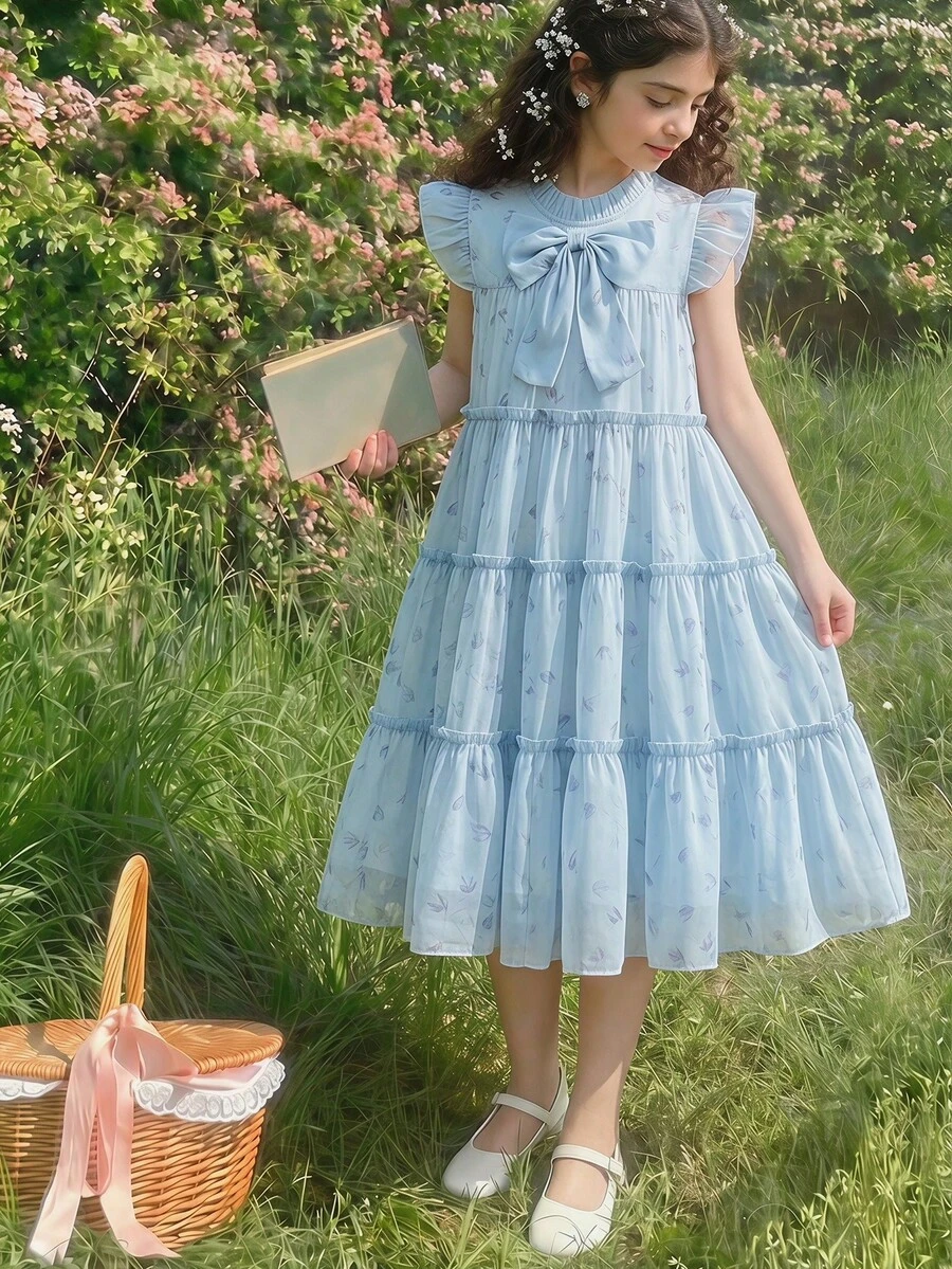 SHEIN 女童碎花派对连衣裙,新款夏季无袖圆领装饰雪纺泡泡裙配蝴蝶结,优雅休闲设计,适合春、夏、秋季穿着,也适合居家、度假、节日、派对和日常穿着。 - 藍色 - 查看 1