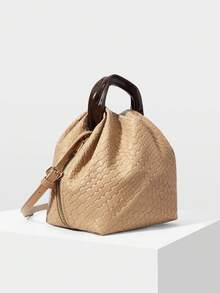 MOTF PREMIUM TAS TANGAN WANITA WARNA APRIKOT, TAS TANGAN LIBURAN PU TENUN YANG INDAH DAN SEDERHANA, PEGANGAN BULAT, GAYA KAYA RAYA, GAYA LIBURAN, GAYA RETRO, COCOK UNTUK WANITA, IBU, PERJALANAN KERJA, LIBURAN, SEHARI-HARI, BELANJA, PERJALANAN - Sampanye - View 5