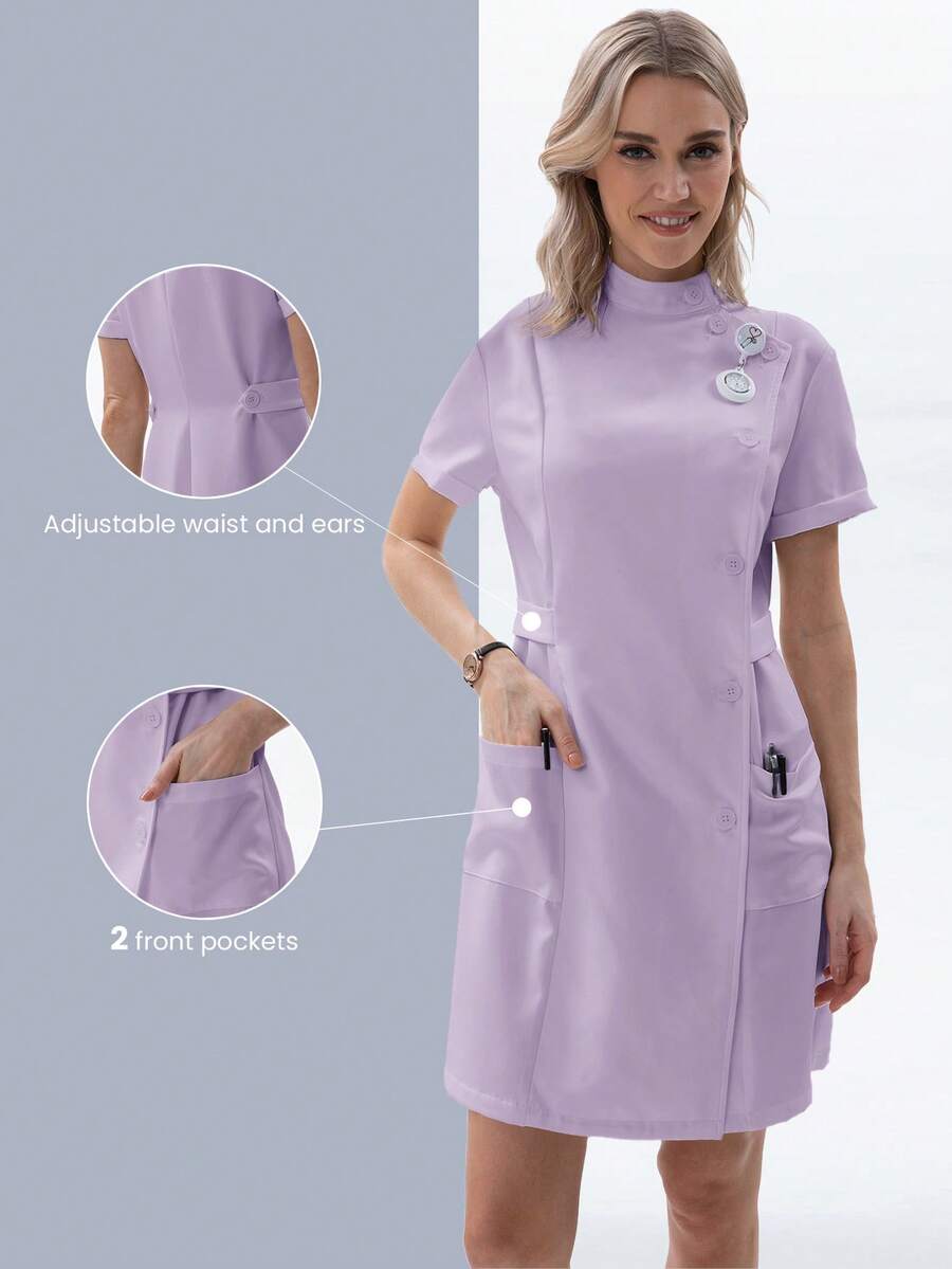 TaskEZ 女式手术服制服纽扣前开襟医院护士手术服连衣裙实验服 - 紫色 - 查看 1
