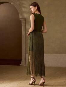 MOTF PREMIUM VESTIDO LARGO CON CINTURA CEÑIDA, ELEGANTE Y LUJOSO, CON PARCHES DE LENTEJUELAS, CUENTAS Y FLECOS, ADECUADO PARA BANQUETES Y FIESTAS EN OTOÑO/INVIERNO, VERDE MILITAR - Verde militar - Ver 3
