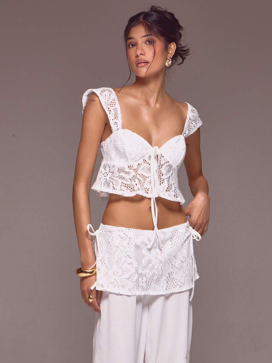 MUSERA Áo hai dây ren buộc phía trước, kiểu dáng mùa xuân hè, đi nghỉ mát, phong cách Ibiza, dễ thương, thanh lịch, Roja De Sol - trắng - Xem 1
