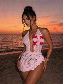 Swim SXY Pink Knitted Halter Tie Design Crochet Flower Decor Accessory Sexy Vacation Shawl - Pink - View 5