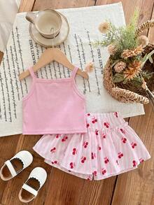 SHEIN LMoss Kids 2件套女婴针织纯色碎花图案吊带背心和短裤套装 - 粉色 - 查看 4