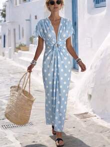 SHEIN Holidaya V-Neck Bowknot Shoulder Long Dress For Women - Baby Blue - View 4