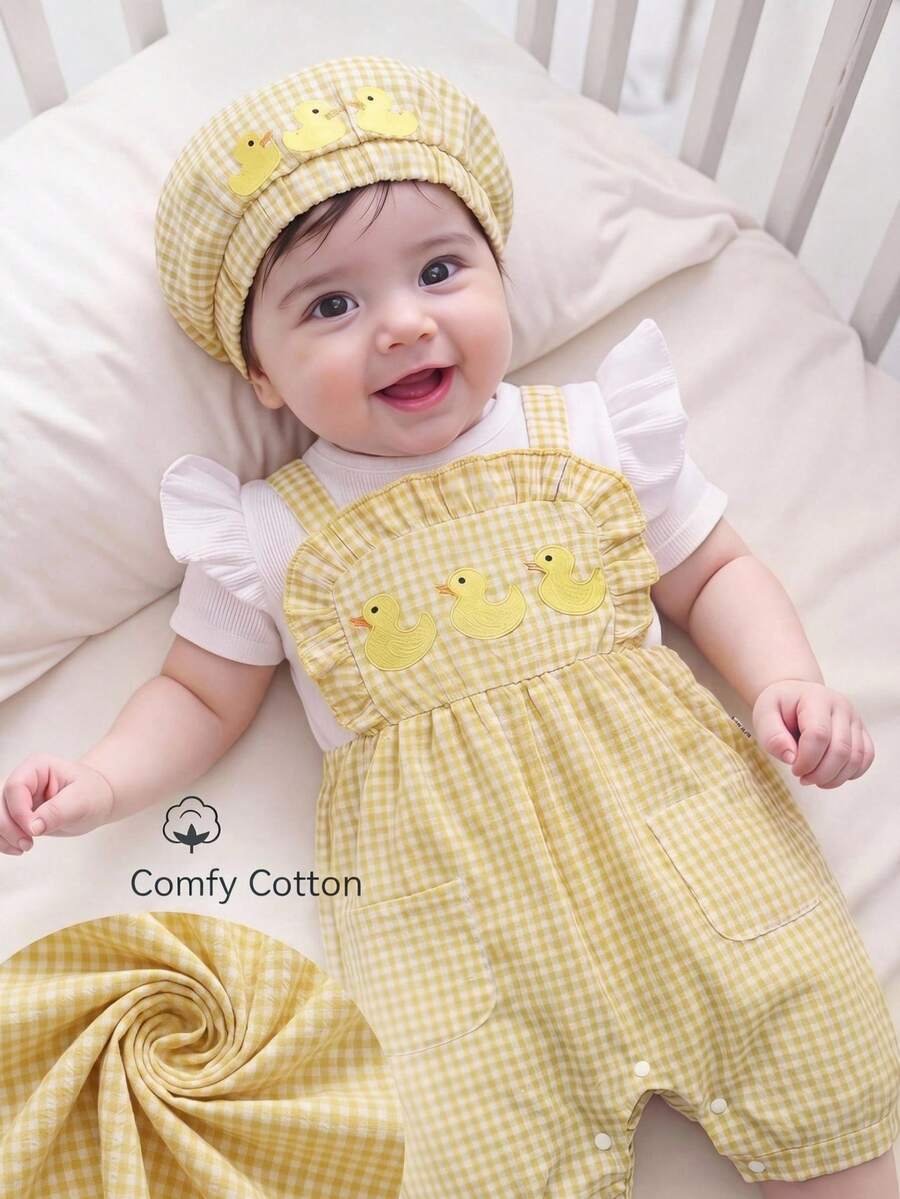 SHEIN Playful Pals Bộ đồ liền thân và mũ tay bèo nhún thêu hoa 3D dễ thương cho bé gái, thích hợp cho mùa hè.