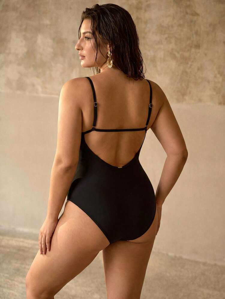 DELICATE WATER-SOLUBLE LACE SPLICE HOLLOW OUT SPAGHETTI STRAP BACKLESS PLUS SIZE WOMEN BEACH ONE-PIECE SWIMSUIT