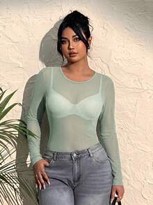 CovetEZ Plus-Size Women's Black Sexy See-Through Lace Top, Suitable For Layering Or Wearing Alone. - Green - View 6