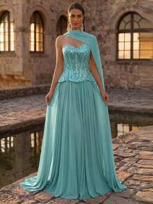 Glamrae Đầm sequin sang trọng, tinh tế, phối lưới, co giãn, xếp ly, thích hợp cho đám cưới, tiệc tùng, lễ hội, dạ hội. - Màu xanh bạc hà - Xem 6