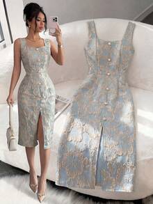 Elenzga Đầm nữ dáng lửng không tay, thắt eo, họa tiết hoa jacquard thanh lịch, cổ chữ V, kiểu dáng vintage 2026, trang trí bằng cúc kim loại ngọc trai và thiết kế xẻ tà, sang trọng kiểu Pháp, phù hợp cho phụ nữ từ 20-35 tuổi trở lên, thích hợp cho hẹn hò, dự tiệc, tiệc tối trang trọng và công sở (Họa tiết ngẫu nhiên). - Màu xanh lam - Xem 1
