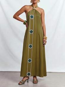 Zivah Đầm đi biển thanh lịch phong cách Bohemian mới năm 2026, chất liệu vải lanh mềm mại, điểm nhấn là phụ kiện kim loại, chi tiết buộc dây, họa tiết in màu xanh lá cây, đầm buộc dây, đầm đi biển thanh lịch phong cách Bohemian, đầm đi biển thoải mái, đầm nữ. - màu xanh lá - Xem 7