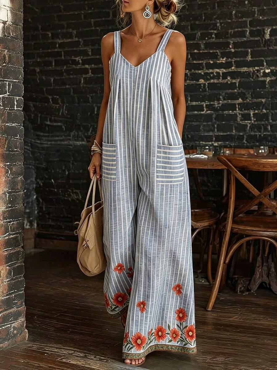 SHEIN Holidaya Floral Print Casual Jumpsuit, Versatile Elegant Outfit For Summer Outdoor, Travel, Commute, Party, Date - Multicolor - View 1