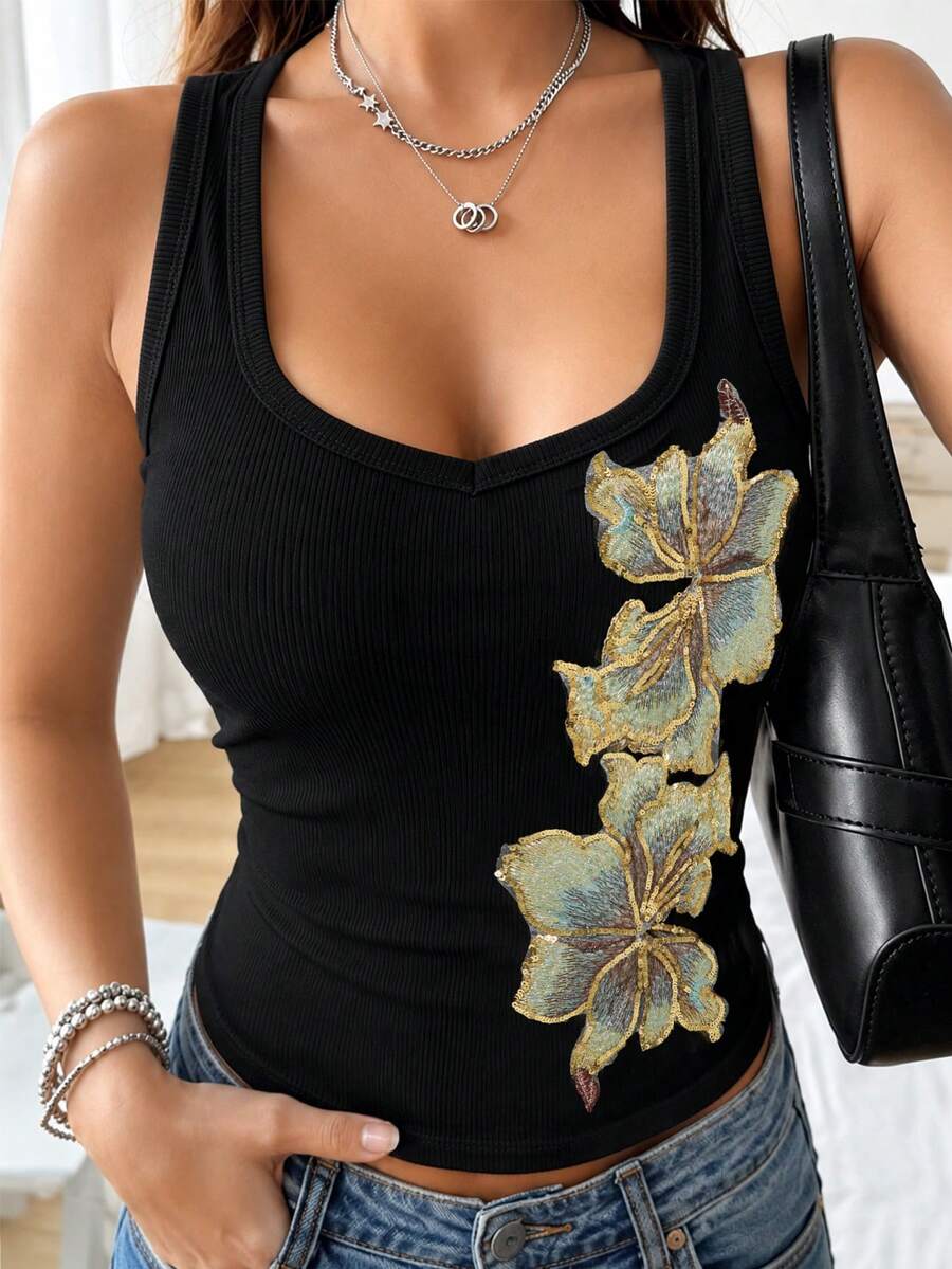 GlowEve Áo tank top nữ kiểu Pháp cổ điển thêu hoa đính sequin - màu đen - Xem 1
