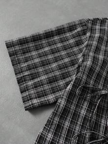 ROMWE MEN Men's Plaid Print Contrast Collar Casual Short Sleeve Shirt - Black - View 5