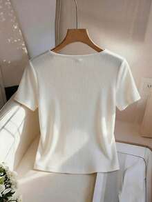 Franclia Camiseta de mujer de manga corta con cuello cuadrado, color albaricoque sólido, elástica y ajustada, adecuada para uso diario, con decoración de botones, de estilo minimalista, para el verano, versátil y elegante - Blanco - Ver 2