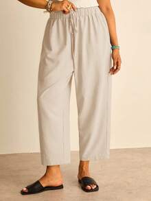 SHEIN CURVE+ Taille 22 US Curve - Festival de musique, vacances à mer, style bohème - CURVE PLUS / Pantalon fuselé décontracté à taille haute et cordon de serrage pour femme, idéal pour les vacances, l'été, les tenues champêtres décontractées, le style cowboy ou les tenues d'enseignante. - Nude - Voir 5