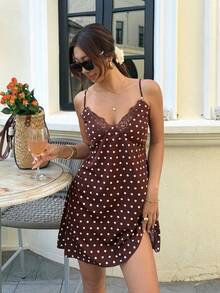 Serisse Women's Polka Dot Print Backless Camisole Mini Dress - Brown - View 6