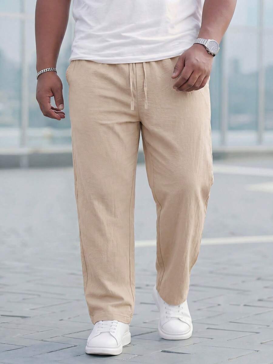 Manfinity Homme 男士加大码纯色抽绳腰带口袋休闲日常裤 - 米色 - 查看 1