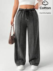 SHEIN PETITE CURVE 大码纯色休闲裤 - 深灰色 - 查看 4