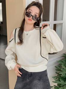 DAZY Women's Open Shoulder Long Sleeve Sweatshirt,Long Sleeve Tops,Fall Clothes,Back To School Clothes - Beige - View 4