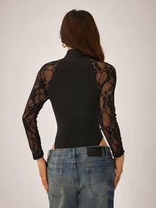SHEIN PETITE Áo liền thân tay dài phối ren thời trang nữ - màu đen - Xem 2